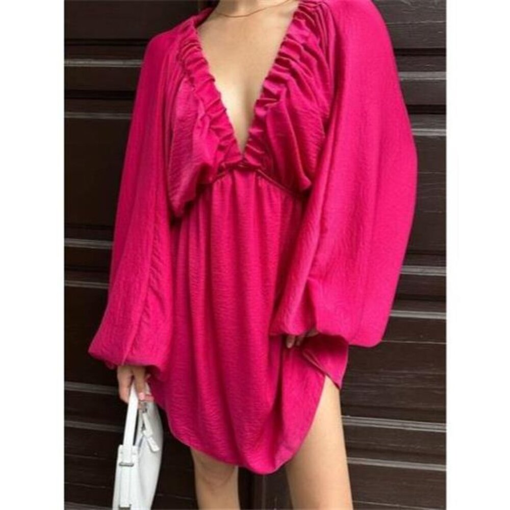 Deep V-Neck Balloon Sleeve Dress
